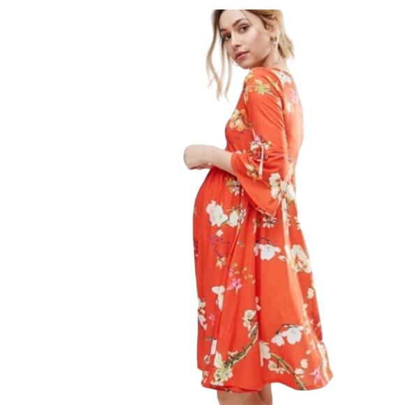 BlueBelle Maternity Orange Floral Bell Sleeve Stretch Flow Maternity Dress Sz 16 - Picture 2 of 6
